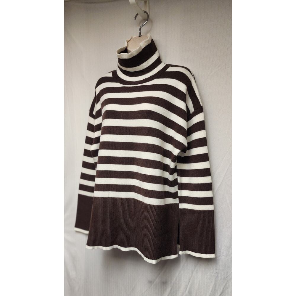 Women's Fashion Turtleneck Neck Striped Long Sleeve Brown/White Sweater Size XL - Picture 3 of 7